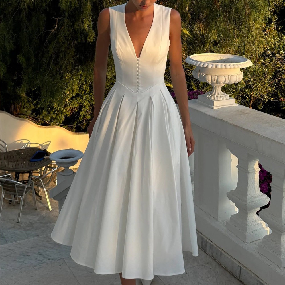 Meshki White V-Neck Midi Dress